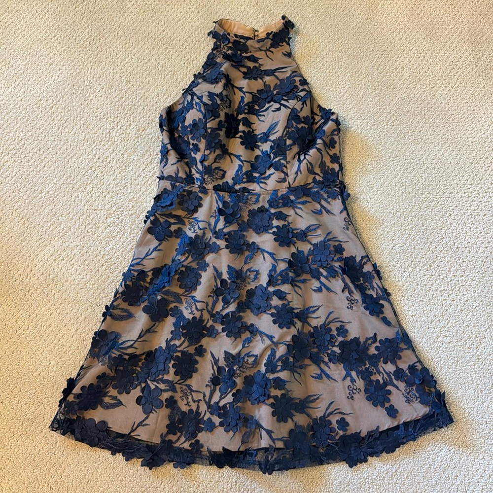 Minuet Navy Floral Appliqué Formal Mini Dress size L